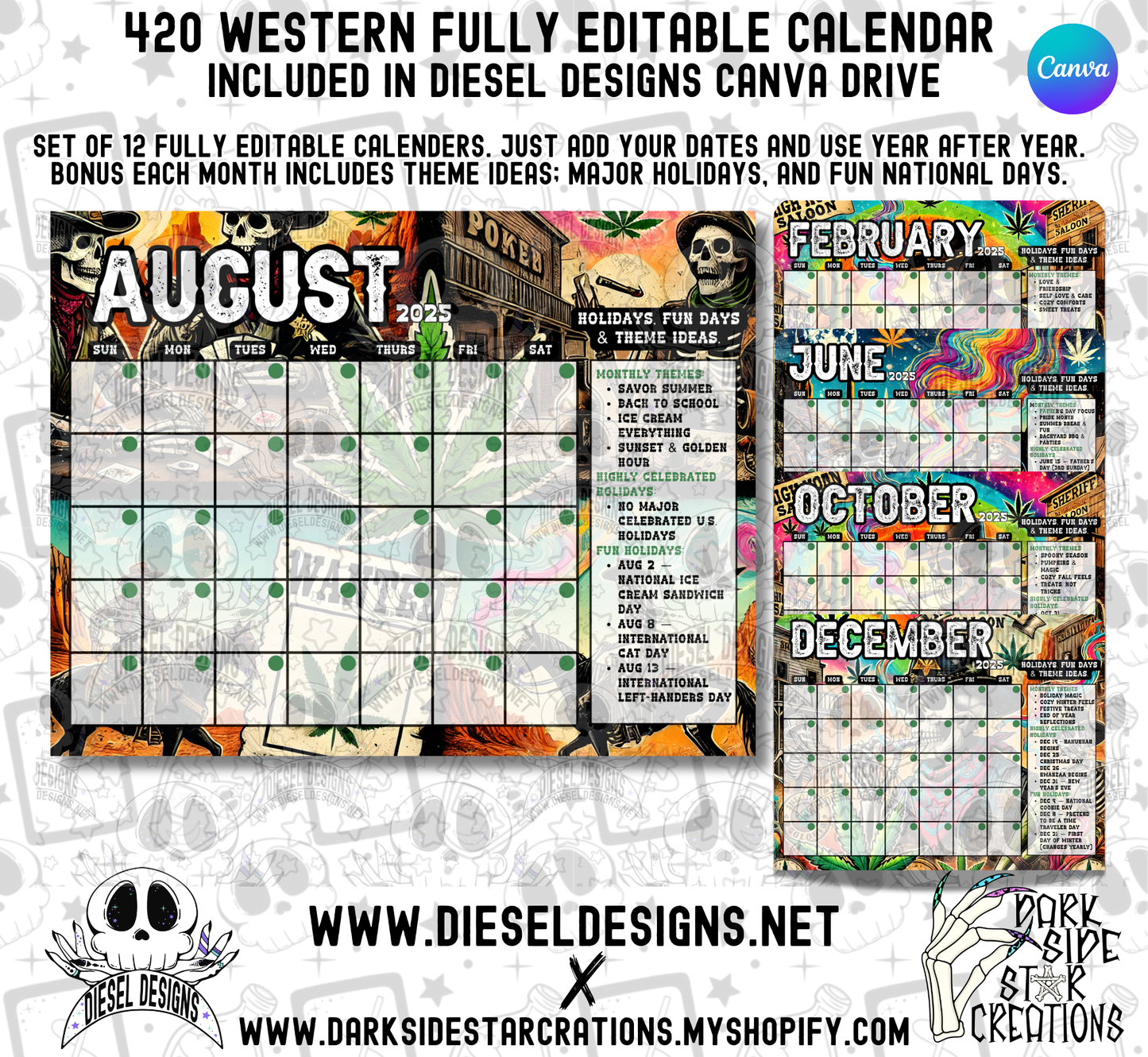 420 Western 12-Month Calendar Canva Template Set | Fully Editable | Reusable Year After Year | Monthly Themes & Holiday Ideas Included