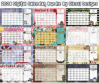 2024 Digital Calendars | Digital Planners | January-December 2024 | 300 DPI PNG