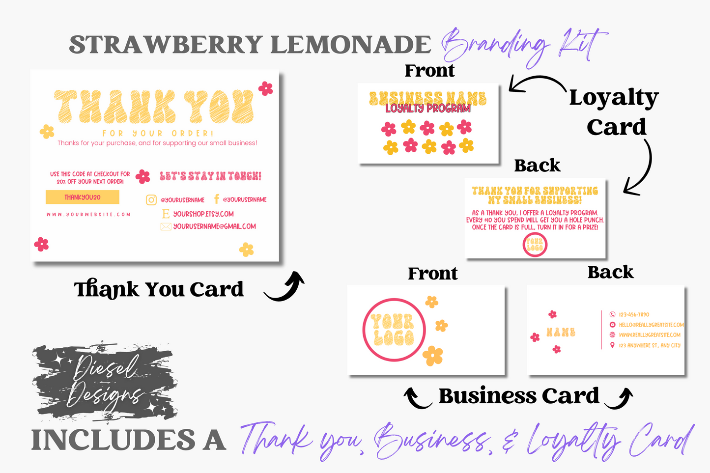 Strawberry Lemonade Branding Kit | Website Kit | Business Card | Logo | Facebook Cover | Editable in Canva