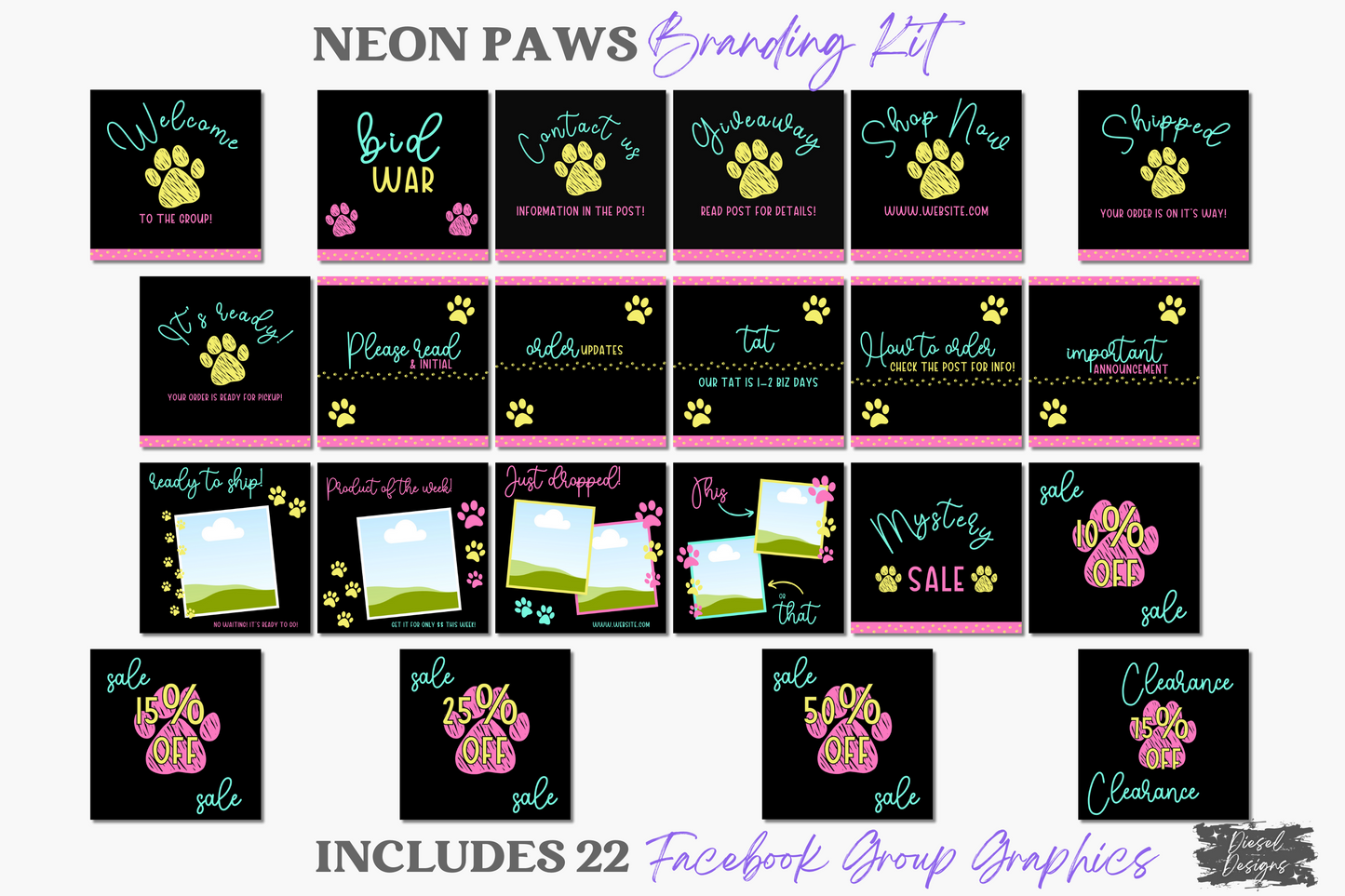 Neon Paws Branding Kit | Website Kit | Business Card | Logo | Facebook Cover | Editable in Canva
