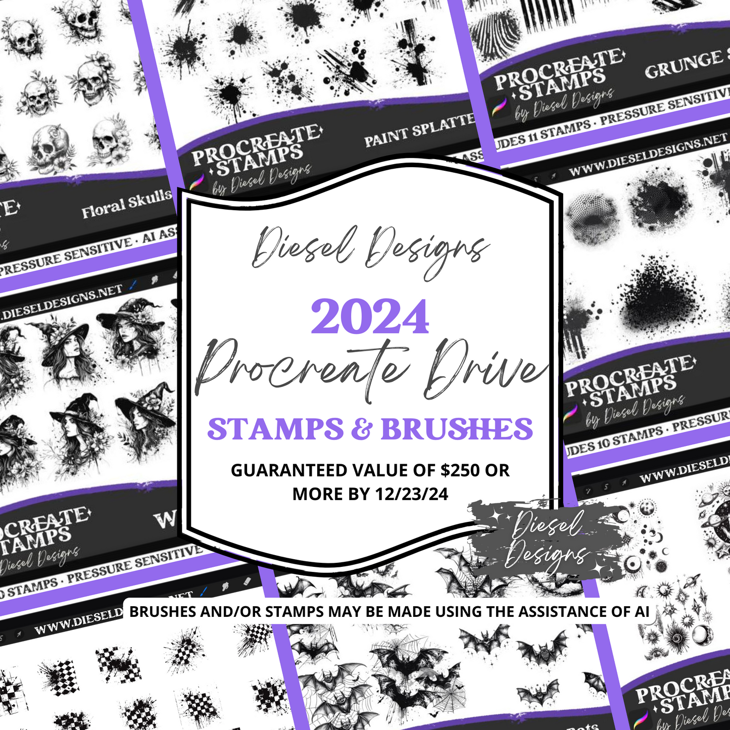 2024 Procreate Stamp & Brush Drive | 300 DPI | Transparent PNG | Seamless | Tumbler Wraps | Clipart