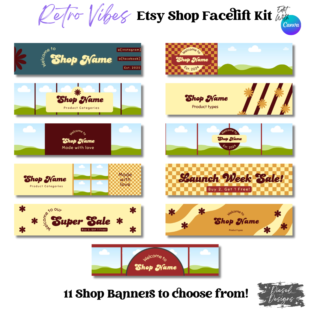 Retro Vibes Etsy Facelift Kit | Etsy Facelift Kits | Editable graphics included |