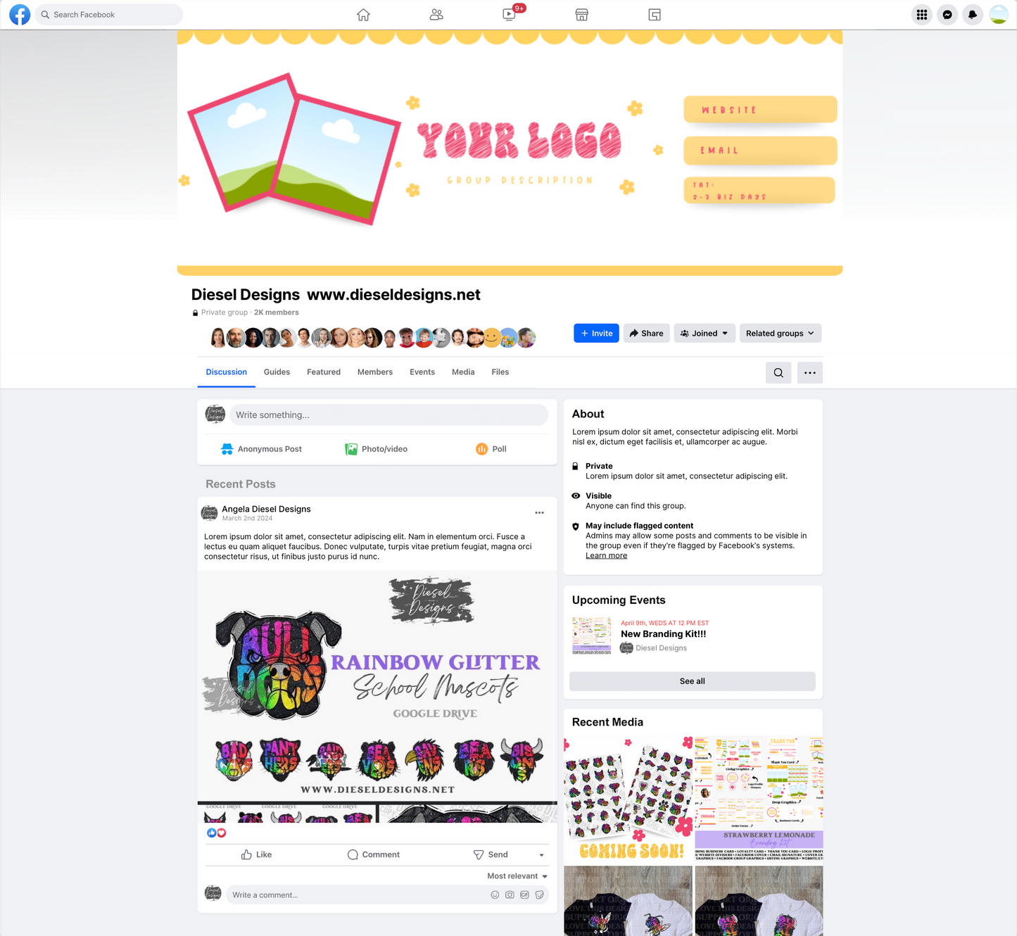 Strawberry Lemonade Branding Kit | Website Kit | Business Card | Logo | Facebook Cover | Editable in Canva