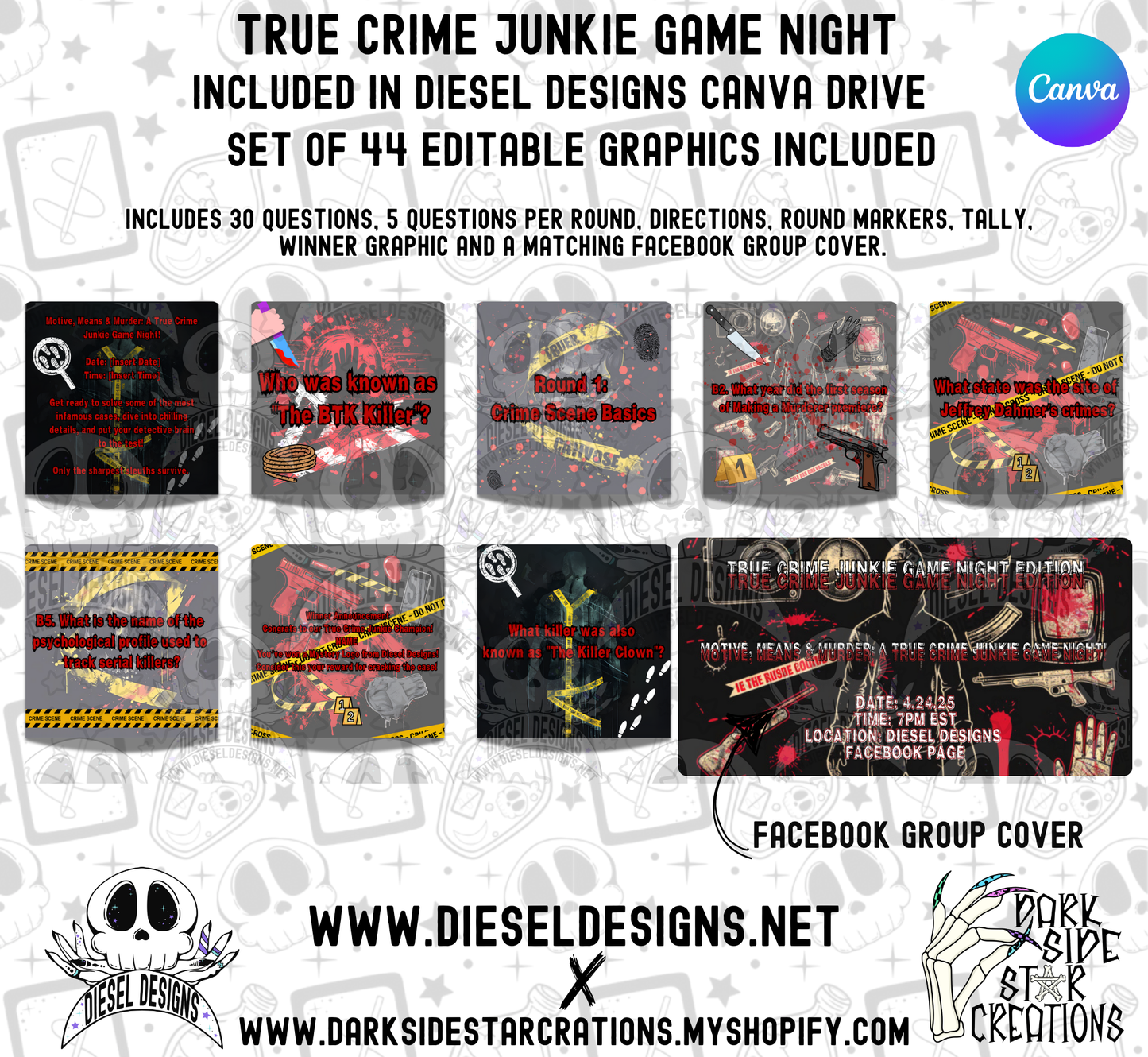True Crime Junkie Trivia Game | Canva Template | Fully Editable | Facebook | Engagement