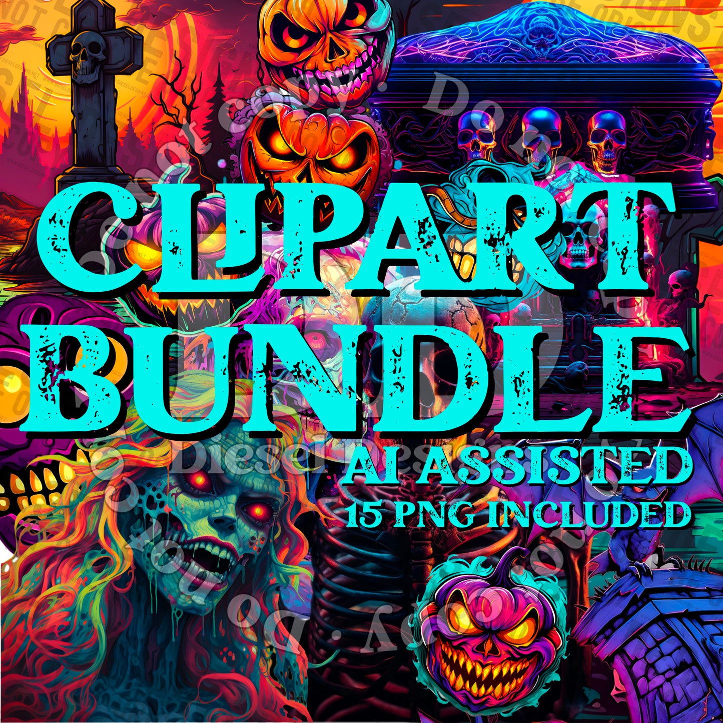 Neon Halloween AI assisted Clipart Bundle | 300 DPI | Transparent PNG | Clipart | Bundle