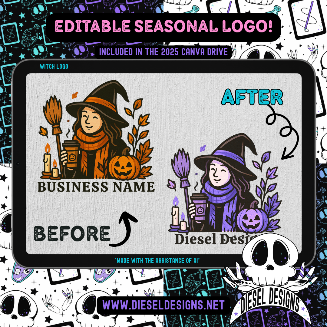 Witch Customizable Logo | Halloween Logo Template | PNG | Edit In Canva | Custom | Logo |
