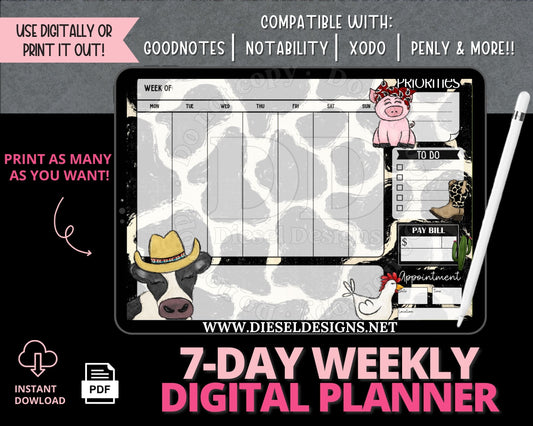 Weekly Planner 3 | 7-Day Digital Planner | 300 DPI | PNG & PDF included