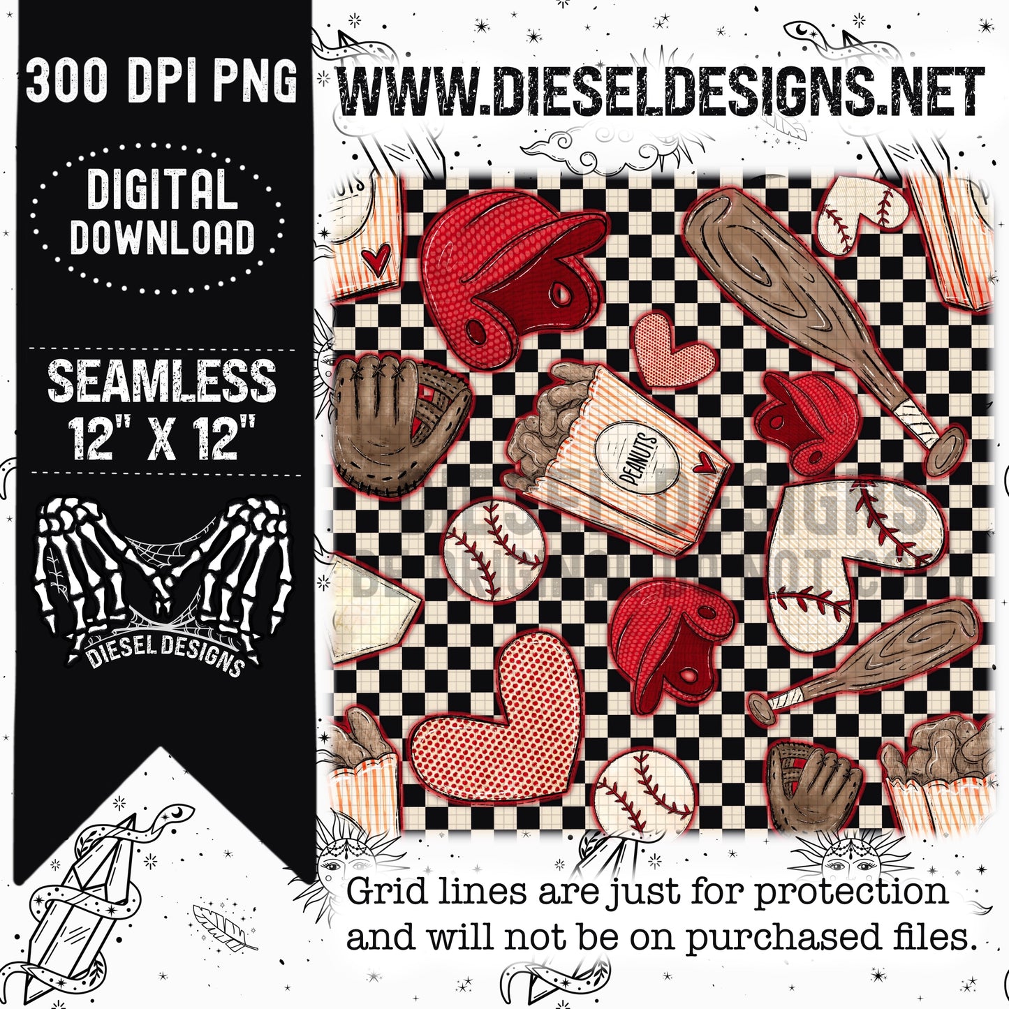 Baseball Checkers | 300 DPI | Seamless 12"x12" | PNG File