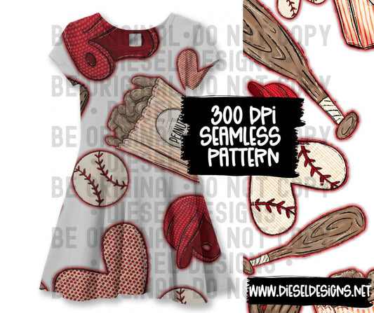 Baseball Red Outline  | 300 DPI | Seamless 12"x12" | PNG File