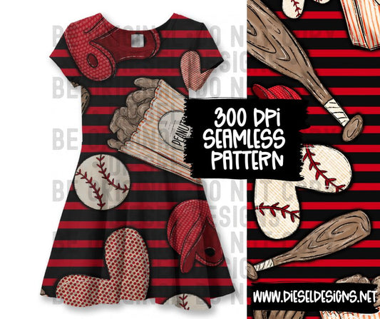 Baseball Red & Black Stripes  | 300 DPI | Seamless 12"x12" | PNG File