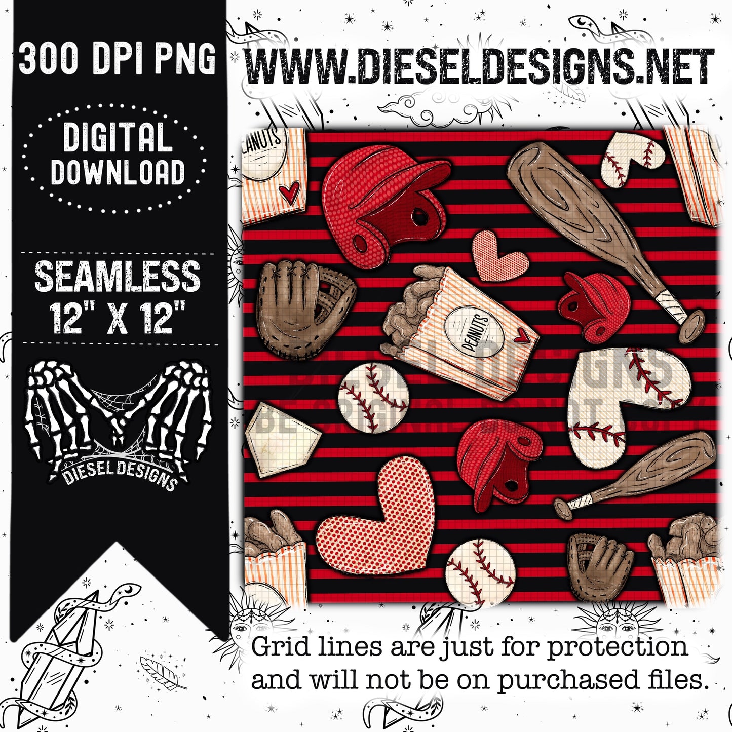 Baseball Red & Black Stripes  | 300 DPI | Seamless 12"x12" | PNG File