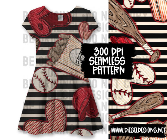 Baseball Red Stripes & Red Outline  | 300 DPI | Seamless 12"x12" | PNG File