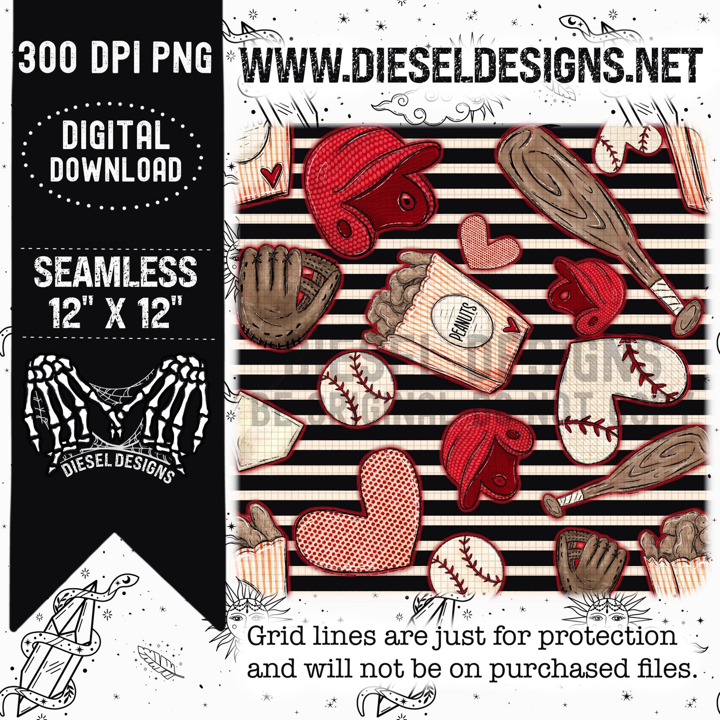 Baseball Red Stripes & Red Outline | 300 DPI | Seamless 12"x12" | PNG File