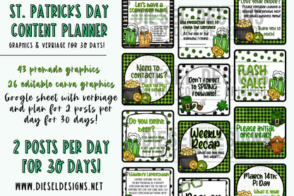 St. Patricks Day | Content Plan | Engagement graphics | Verbiage for 2 posts per 30 days