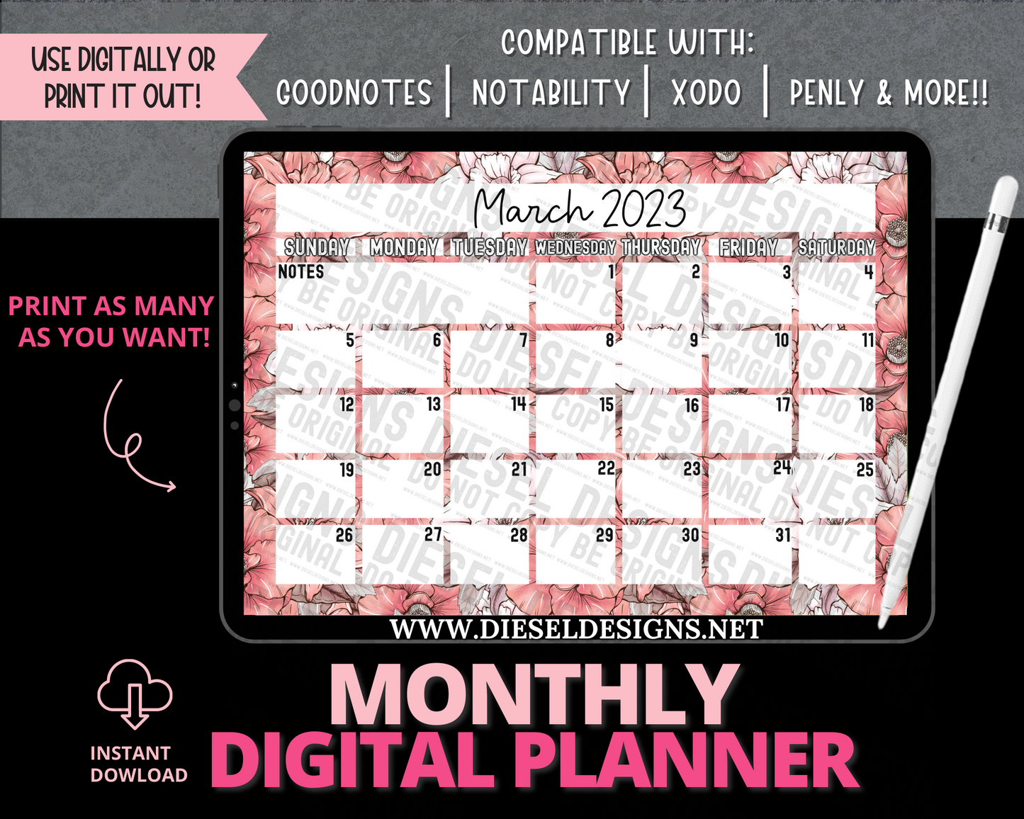 March 2023 - Flora | Monthly Digital Planner | 300 DPI | PNG & PDF included