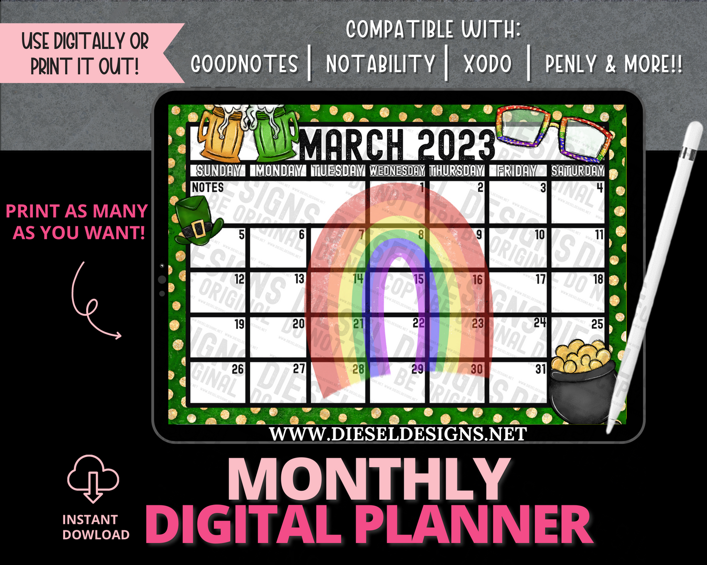 March 2023 - Irish | Monthly Digital Planner | 300 DPI | PNG & PDF included