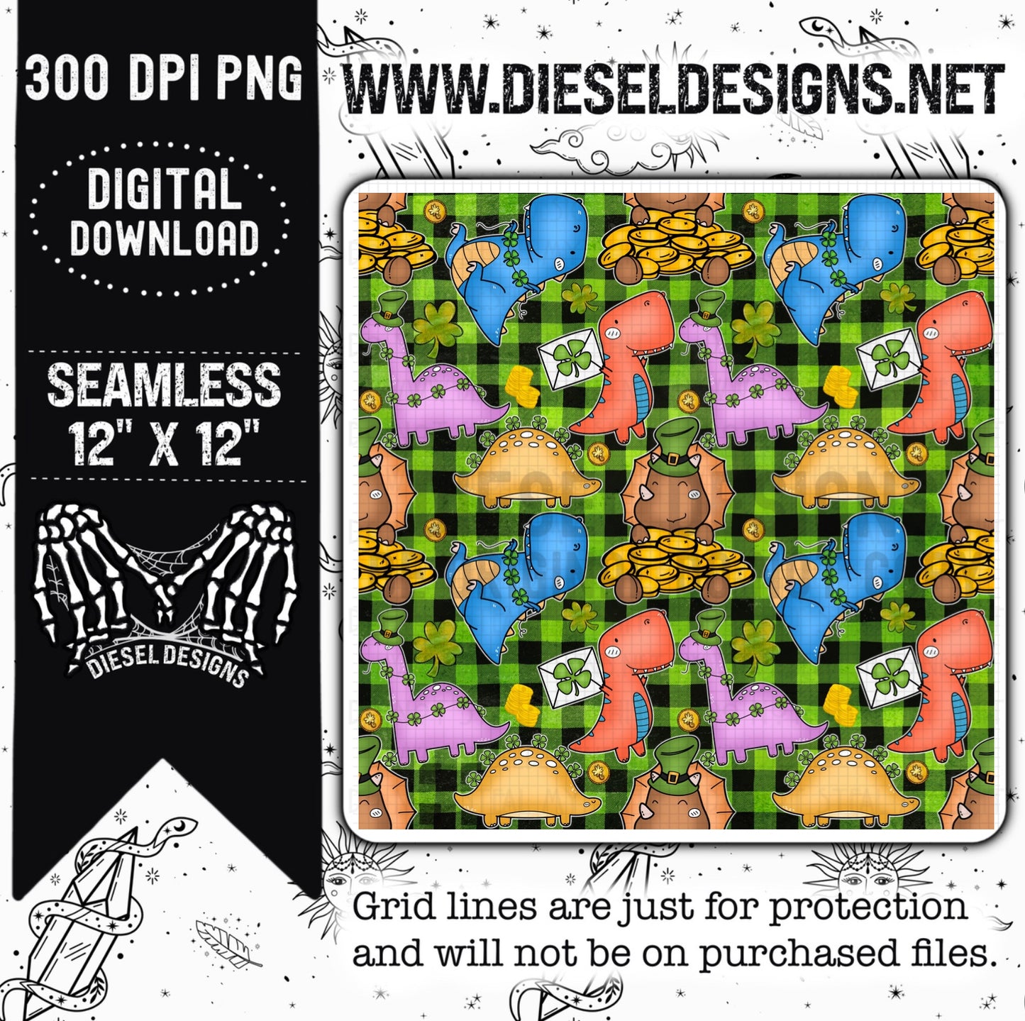 Lucky Dinos Green | 300 DPI | Seamless 12"x12" | PNG File