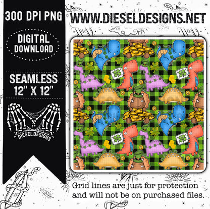 Lucky Dinos Green | 300 DPI | Seamless 12"x12" | PNG File