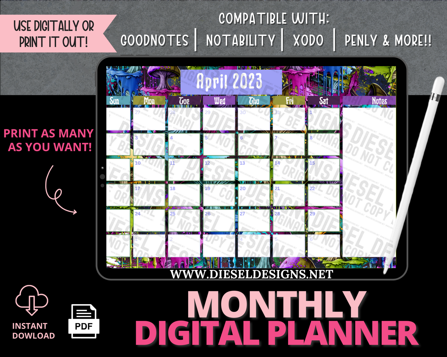 April 2023 - Splatter | Monthly Digital Planner | 300 DPI