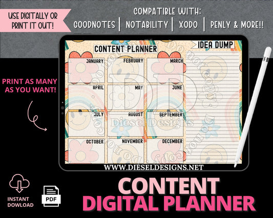 Retro Flowers | 12-month Content Planner | 300 DPI | PNG & PDF included