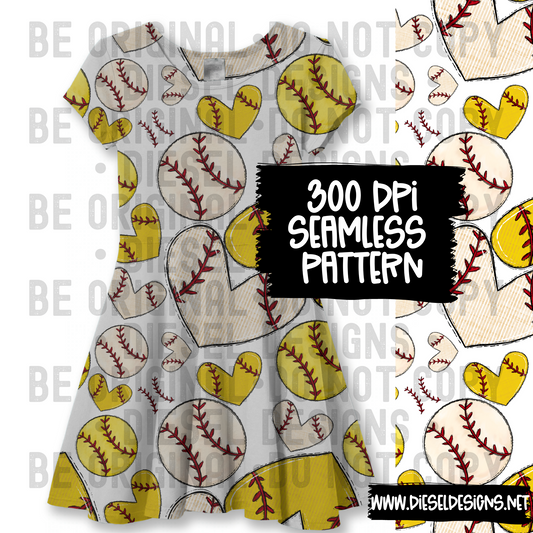 Softball Baseball Hearts Seamless  | 300 DPI | 12" x 12" | Seamless File