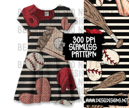 Baseball Black Stripes  | 300 DPI | Seamless 12"x12" | PNG File