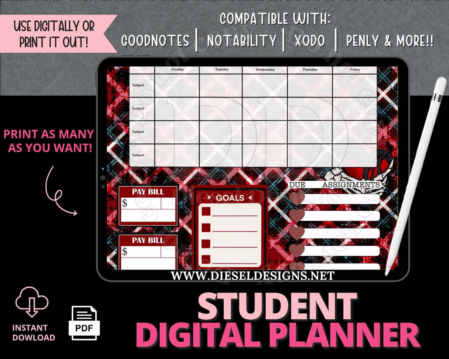 Black & Red | Student Digital Planner | 300 DPI | PNG & PDF included