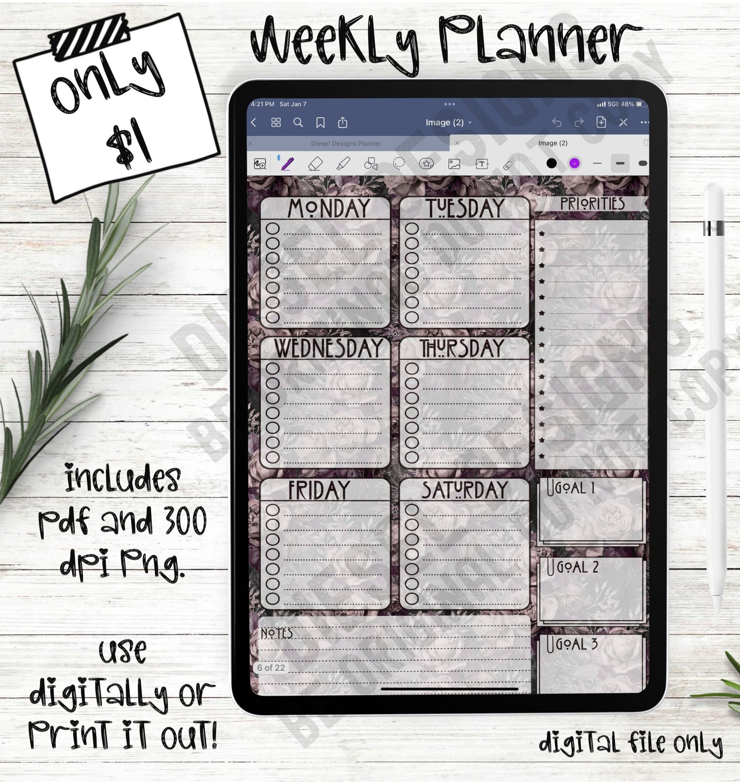 Vintage Roses | 6-Day Digital Planner | 300 DPI | PNG & PDF included
