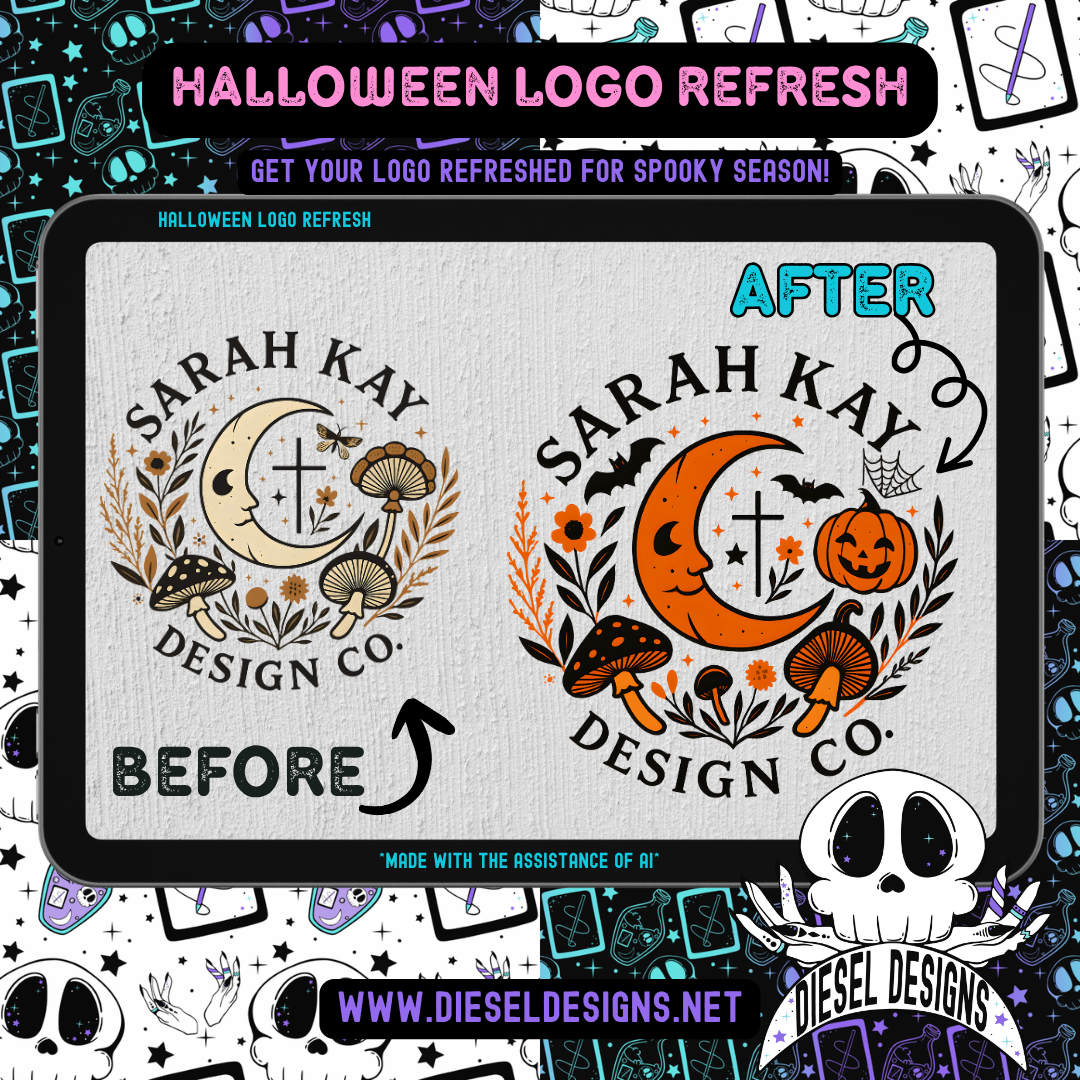 Before and after comparison of 'Sarah Kay Design Co.' logo with Halloween-themed elements on a colorful background.