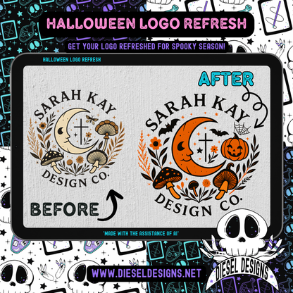 Before and after comparison of 'Sarah Kay Design Co.' logo with Halloween-themed elements on a colorful background.