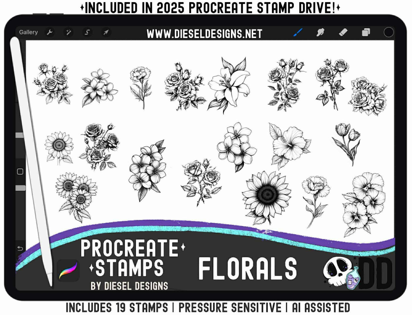 Procreate Stamps — Florals Botanical Line Art Set (19 Pressure-Sensitive Brushes, .brushset) 🌷🌻