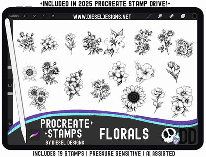 Procreate Stamps — Florals Botanical Line Art Set (19 Pressure-Sensitive Brushes, .brushset) 🌷🌻