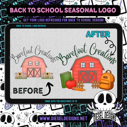 Comparison of 'Before' and 'After' Barefoot Creations logo design with a barn, apple, backpack, and books on a tablet screen.