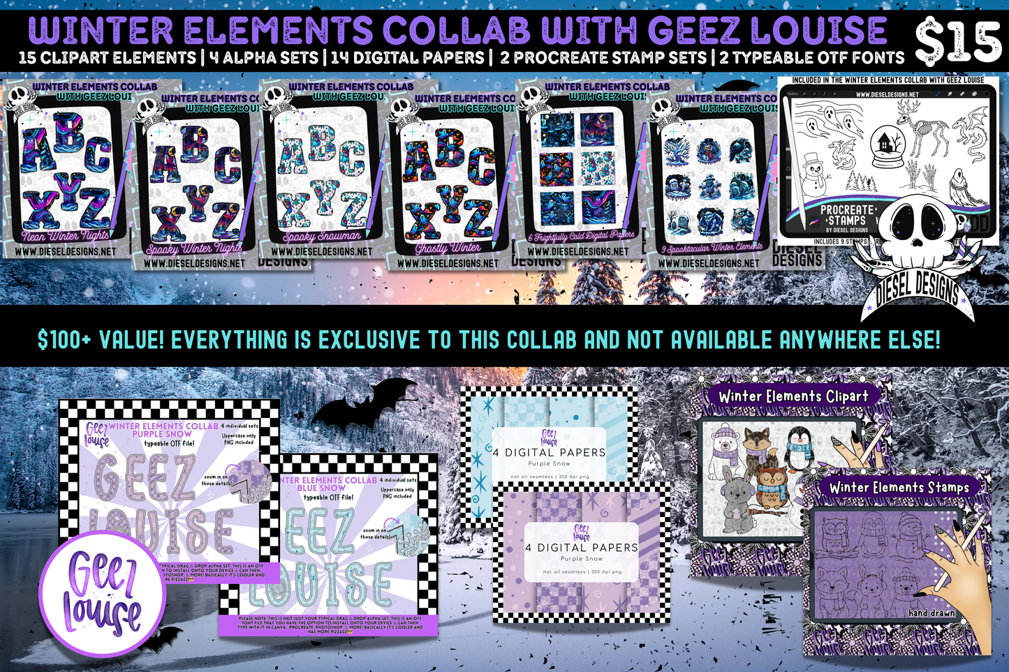 Winter Elements Collab With Geez Louise | Clipart | OTF Fonts | Alpha Sets | Procreate Stamp Set