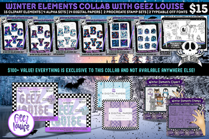 Winter Elements Collab With Geez Louise | Clipart | OTF Fonts | Alpha Sets | Procreate Stamp Set