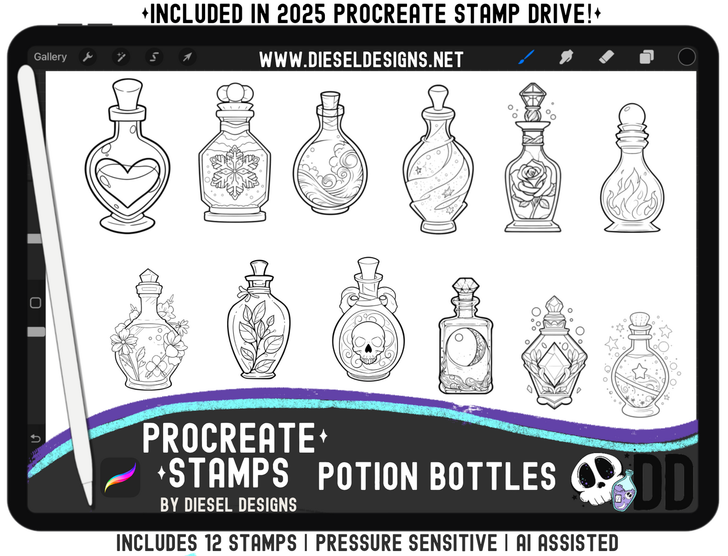 Potion Bottles Procreate Stamp Set — 12 Pressure‑Sensitive Stamps for Fast Magical Illustrations (iPad + Apple Pencil)