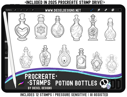Potion Bottles Procreate Stamp Set — 12 Pressure‑Sensitive Stamps for Fast Magical Illustrations (iPad + Apple Pencil)