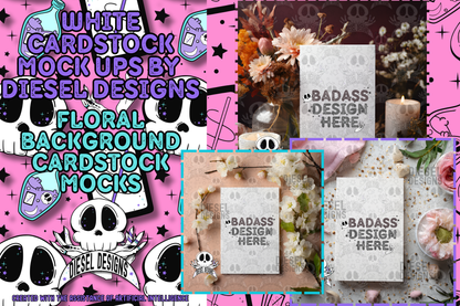 White Card Stock W/ Floral Background Mock Up Set of 3 | AI Assisted Mock UP | PNG |