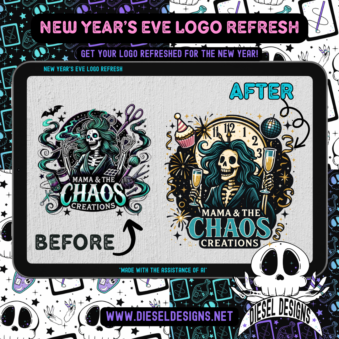 Before and after logo design comparison for 'Mama & The Chaos Creations' with a skeleton character, set against a colorful New Year's Eve-themed background.
