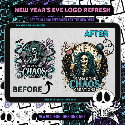 Before and after logo design comparison for 'Mama & The Chaos Creations' with a skeleton character, set against a colorful New Year's Eve-themed background.