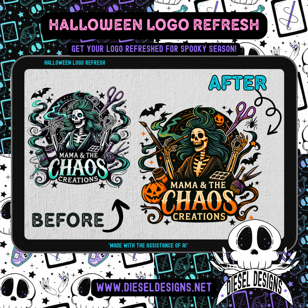 Before and after comparison of a Halloween-themed logo design by Diesel Designs.