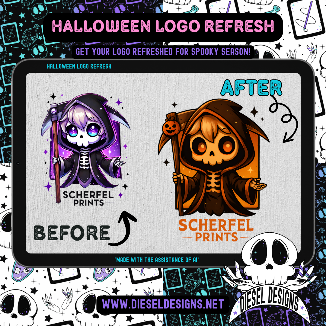 Before and after comparison of a Halloween-themed logo design by Scherfel Prints with Diesel Designs branding.