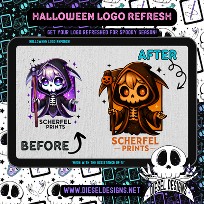 Before and after comparison of a Halloween-themed logo design by Scherfel Prints with Diesel Designs branding.