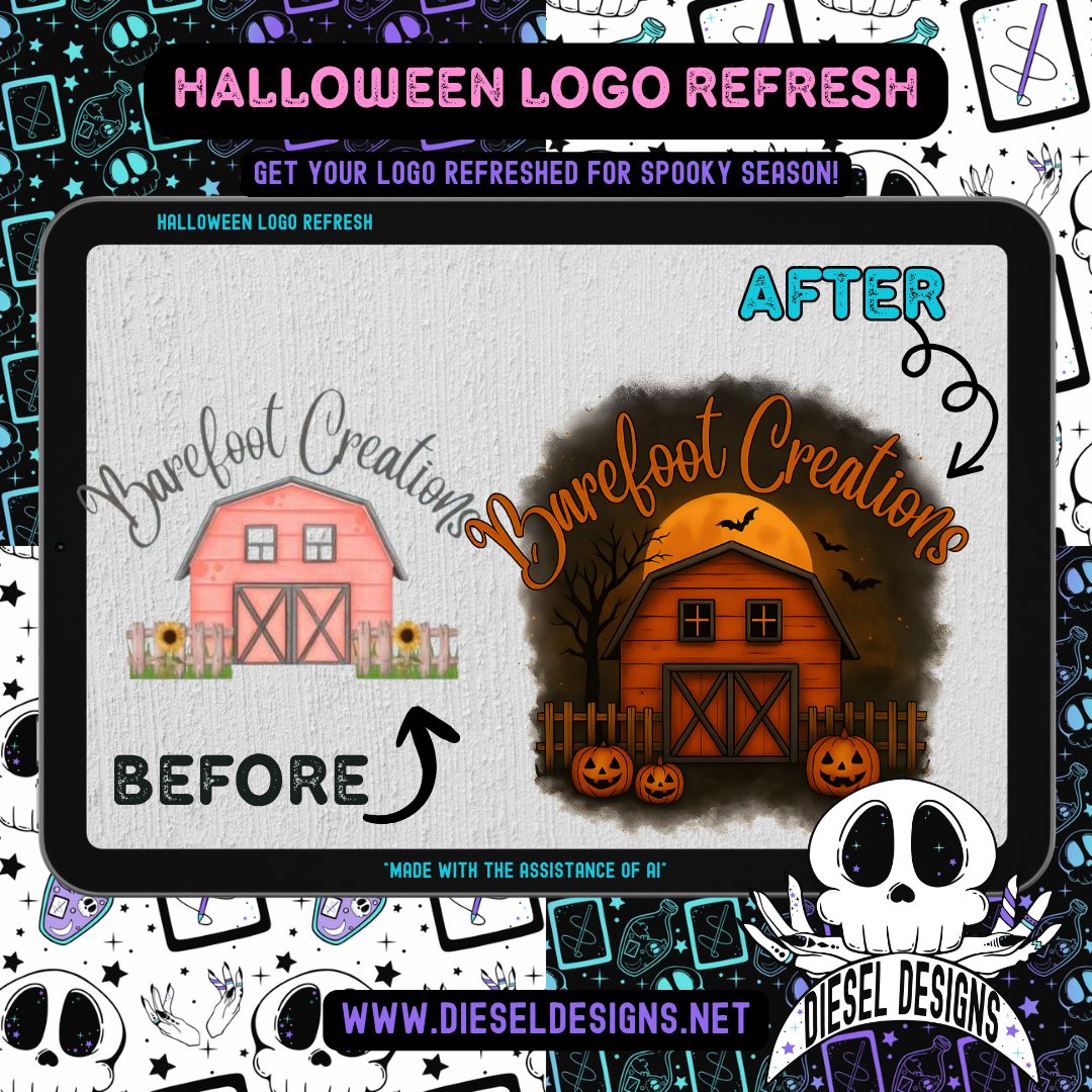 Comparison of Barefoot Creations logo before and after Halloween-themed refresh, with 'Diesel Designs' branding.