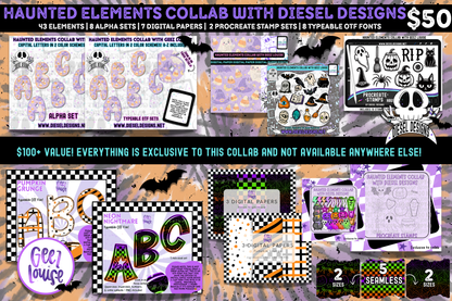 Haunted Elements Collab With Geez Louise | Clipart | OTF Fonts | Alpha Set | Procreate Stamp Set