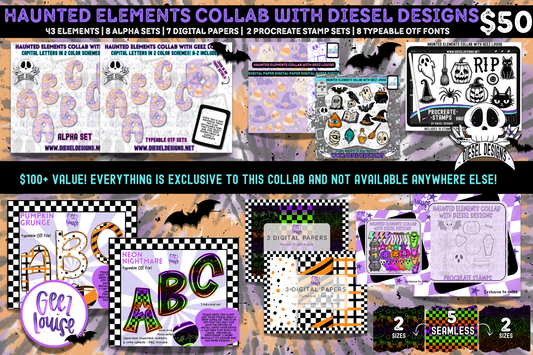 Haunted Elements Collab With Geez Louise | Clipart | OTF Fonts | Alpha Set | Procreate Stamp Set