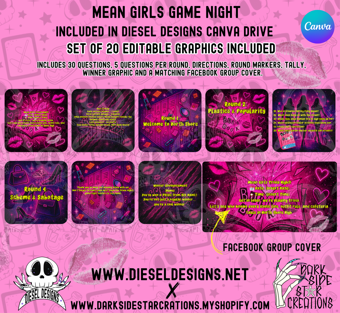 Mean Girls Trivia Game Night Kit — 20 Editable Canva Graphics, 30 Questions, 5 Rounds, Scorecards & Facebook Group Cover (Digital Download) 👾📣
