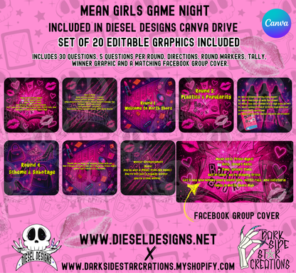 Mean Girls Trivia Game Night Kit — 20 Editable Canva Graphics, 30 Questions, 5 Rounds, Scorecards & Facebook Group Cover (Digital Download) 👾📣