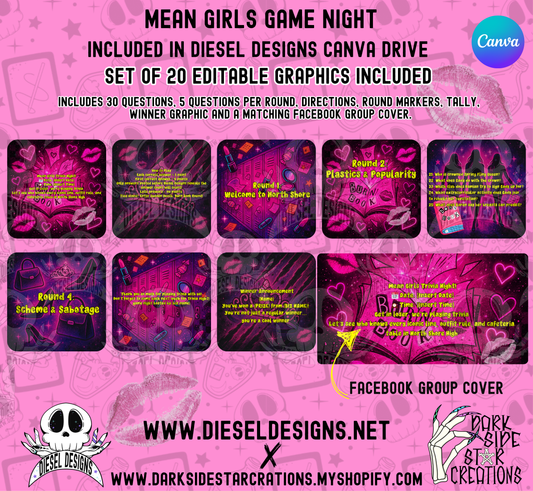 Mean Girls Trivia Game Night Kit — 20 Editable Canva Graphics, 30 Questions, 5 Rounds, Scorecards & Facebook Group Cover (Digital Download) 👾📣