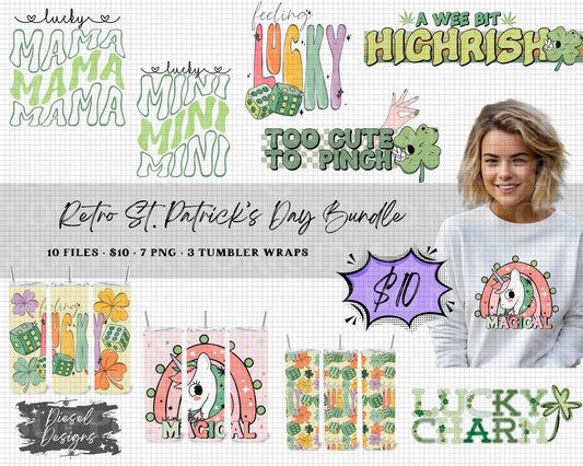 Retro St. Patrick's Day | Bundle | 300 DPI | PNG | Seamless | Tumbler Wraps | Digital File Only